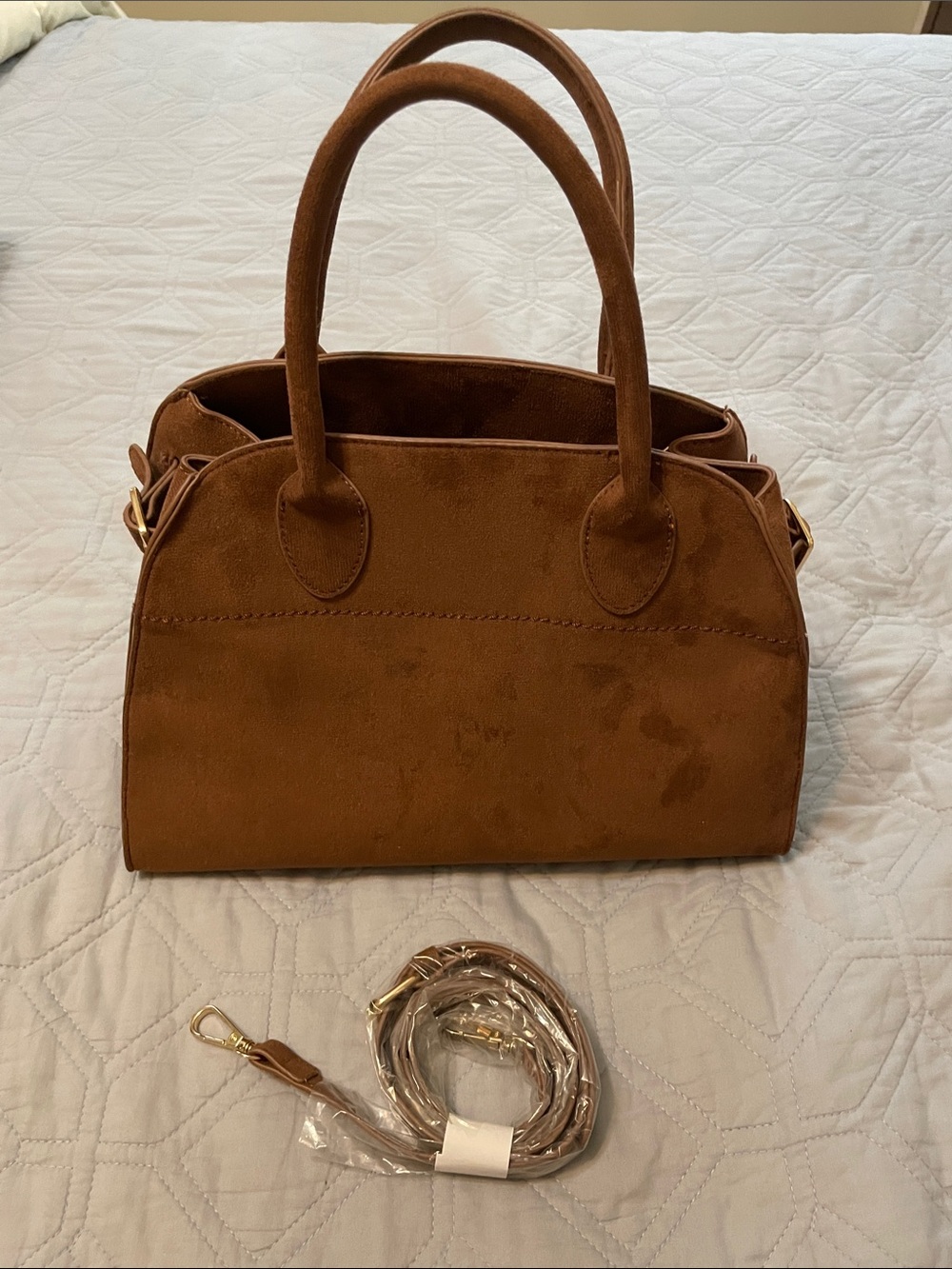 Amazon Brown Faux Suede Satchel Handbag with Detachable Strap